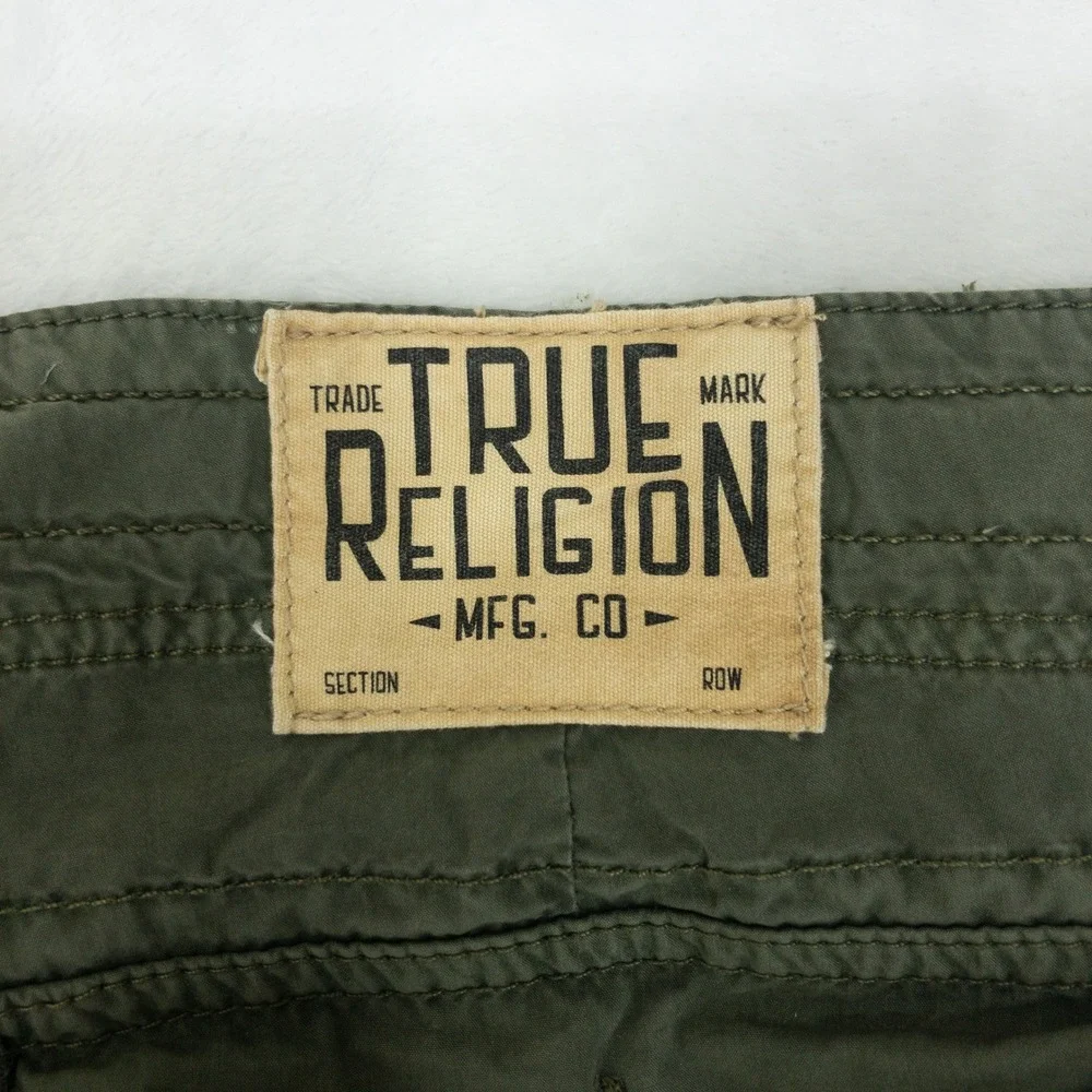 True Religion Terrain Cargo Shorts Mens 36 Olive Green Drawstring Zipper Pockets